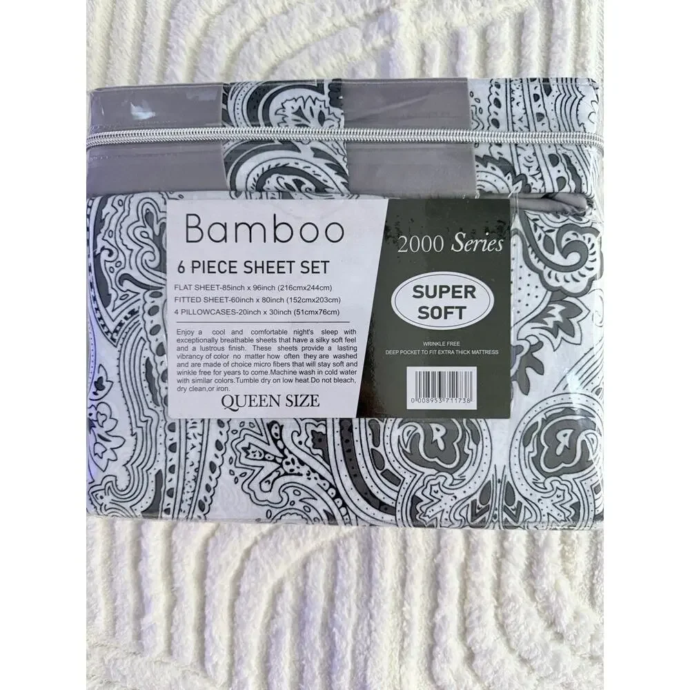 organic Home Bella Earth Bamboo Dark Gray/ White Queen Size 6 Piece Sheet Set